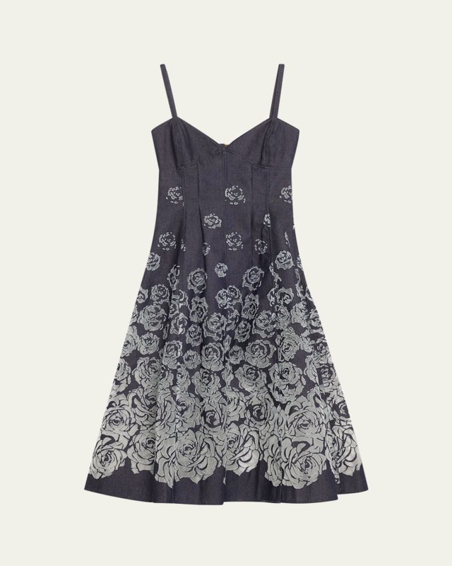 V-Neck Rose Denim Devore Sleeveless Midi Dress
